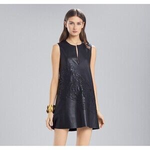 JOSIE NATORI Black Faux Leather Mini Dress Lase Cut Design Size 4 NWT